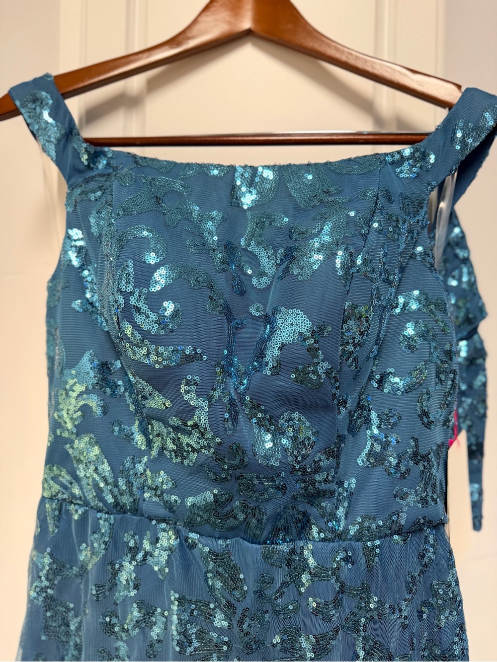 Teal Sequin Off-Shoulder Formal Gown